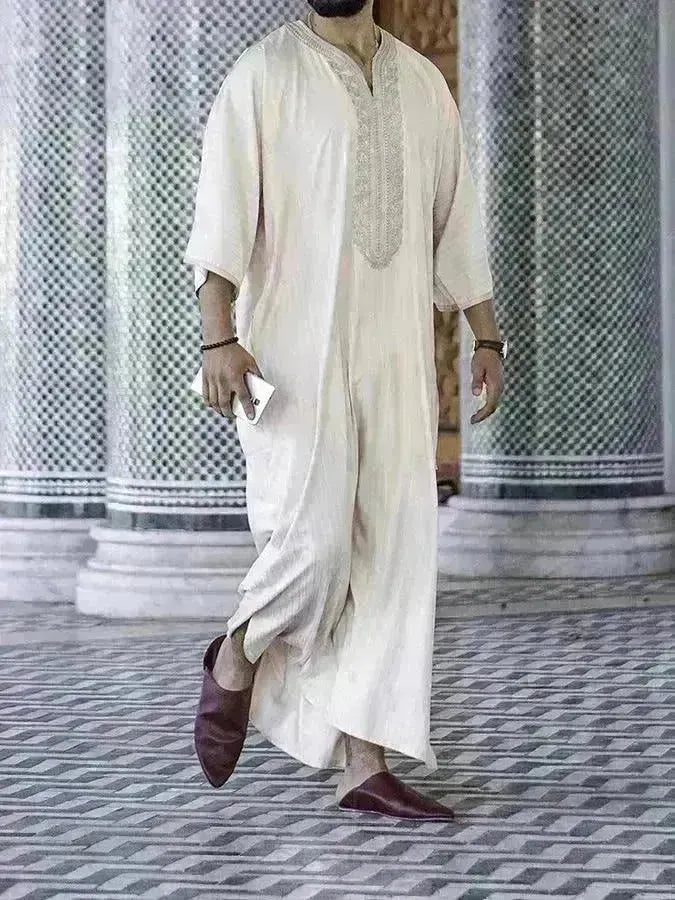 Ethnic Style Loose Casual Embroidery White Arab Robe - EX-STOCK CANADA