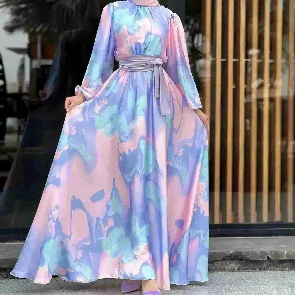 European And American Dubai Middle East Pure Beautiful Printed Dress, Ankle-length Printed Maxi Dress Fashionable Abaya Dress - EX-STOCK CANADA