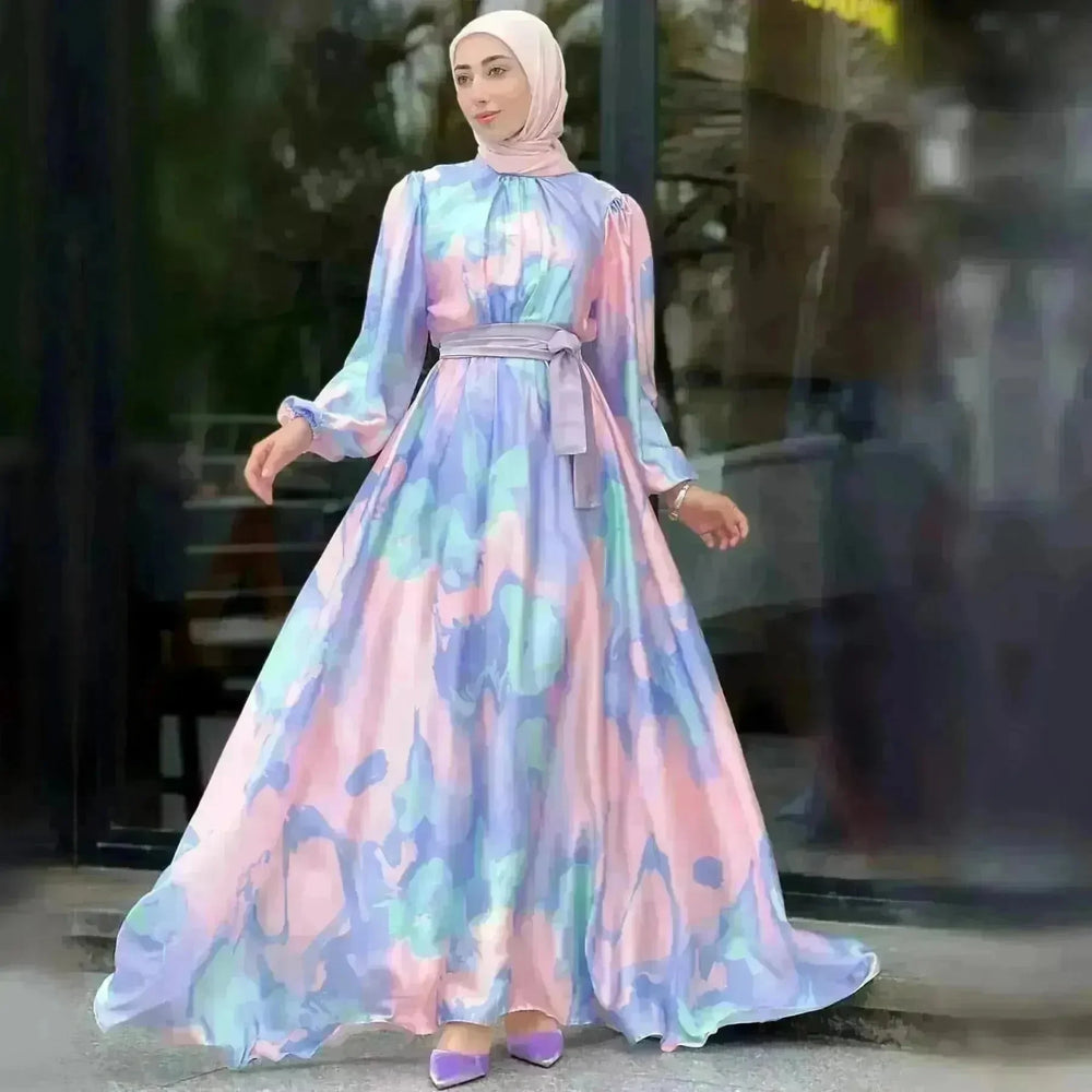 European And American Dubai Middle East Pure Beautiful Printed Dress, Ankle-length Printed Maxi Dress Fashionable Abaya Dress - EX-STOCK CANADA
