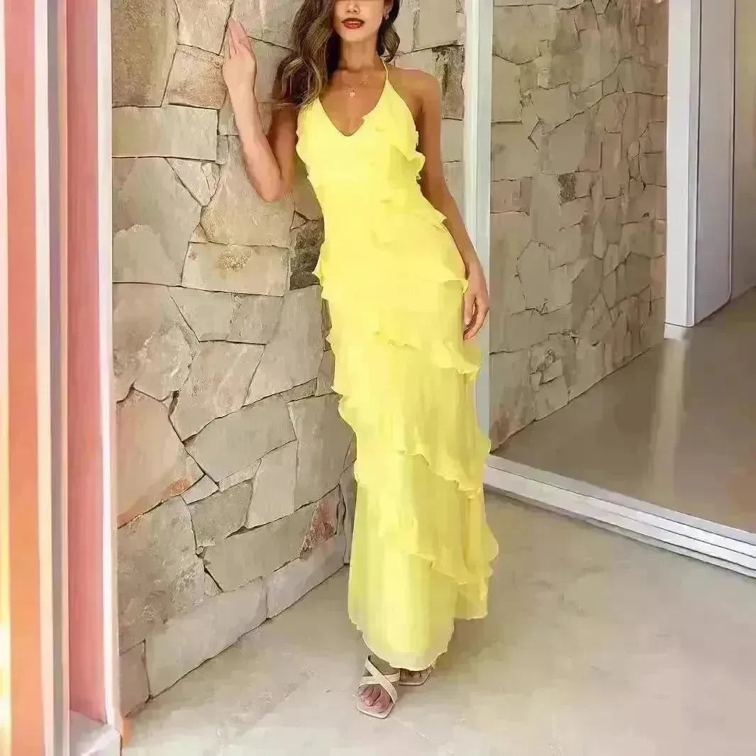European And American Multi-layer Wooden Ear Backless Halter Party Long Dress - EX-STOCK CANADA