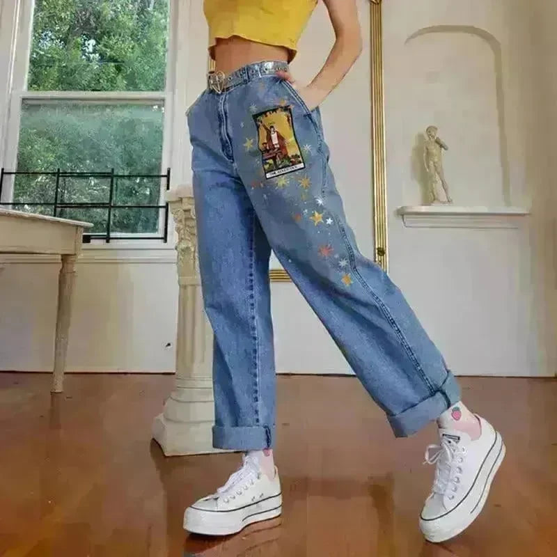 European And American Street Temperament Straight Loose Printed Denim Trousers Women - EX-STOCK CANADA