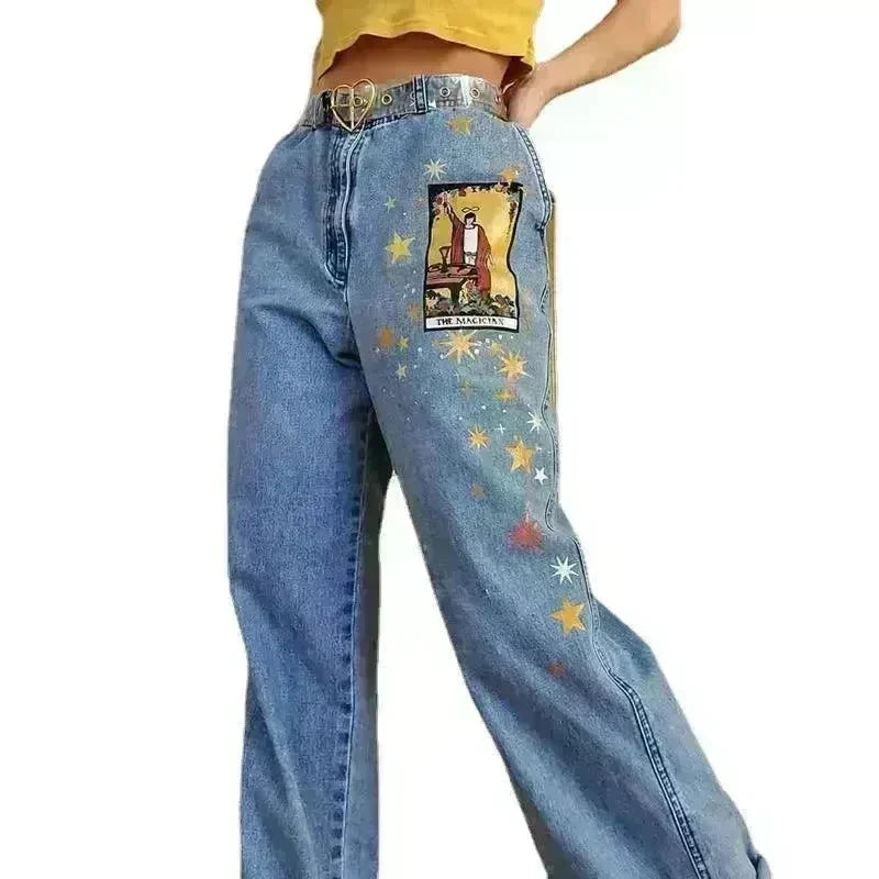 European And American Street Temperament Straight Loose Printed Denim Trousers Women - EX-STOCK CANADA