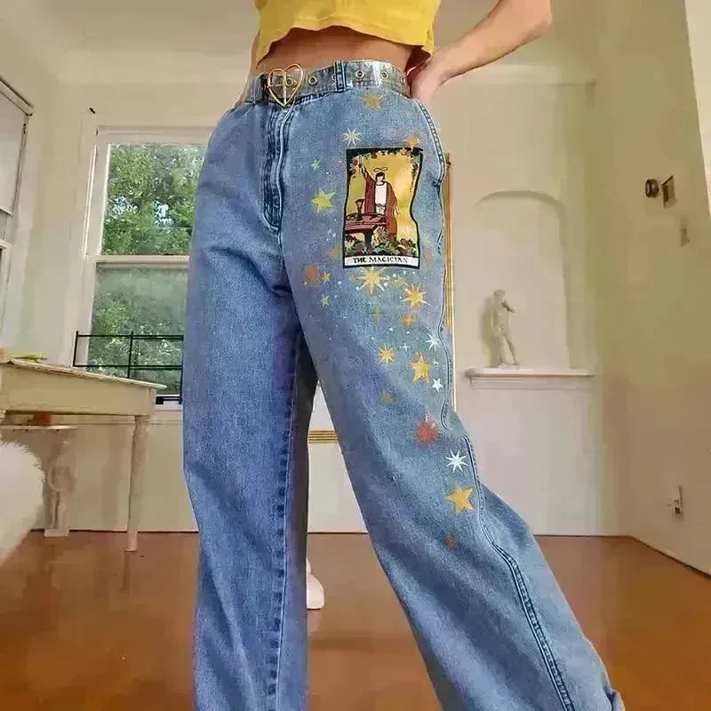 European And American Street Temperament Straight Loose Printed Denim Trousers Women - EX-STOCK CANADA