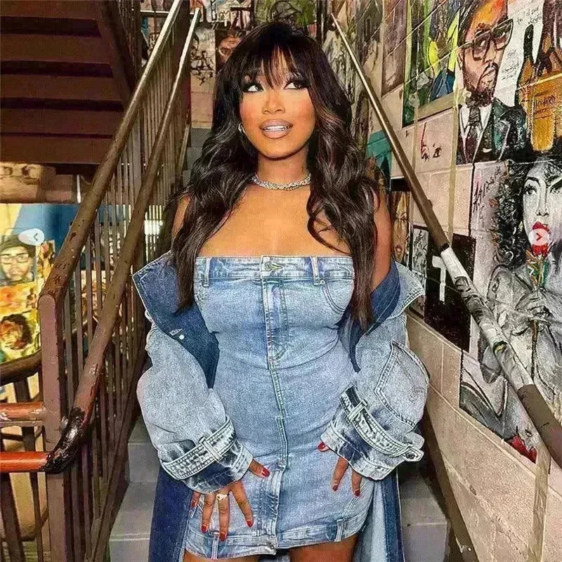 European And American Style Denim Tube Top Cinched Waist Slim And Sexy Hip Bag Dress - EX-STOCK CANADA