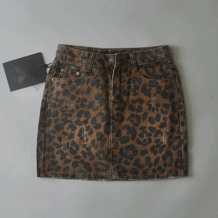 Leopard Print Mini Denim Skirt Women's High Waist Pencil Skirt - EX-STOCK CANADA