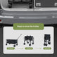 A black folding utility trolley shown inside an open car trunk, with an overlaid diagram labeled 'Steps to store the trolley' showing three folded positions labeled Step 1, Step 2, and Step 3.