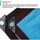 Close-up of a blue sunshade net corner with black and red striped reinforcement tape and two black reinforced corner brackets with metal grommets. Text at the top reads '03 Reinforced protective corners' with a brief product description.