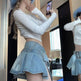 High Waist Slimming Denim Pleated Mini Skirt - EX-STOCK CANADA
