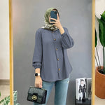 Muslim Ice Silk Wrinkle Stand-up Collar Literary Vintage Cardigan Loose Shirt Women - EX-STOCK Canada