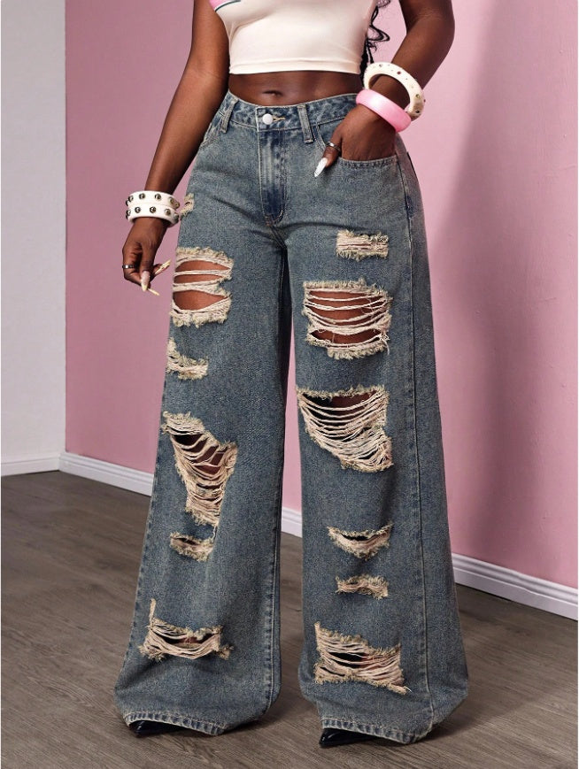Women's Retro Distressed Kimchi Wide-leg Jeans EX-STOCK Canada 