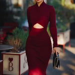 Women's Burgundy Red Cutout Long-Sleeve Bodycon Midi Dress – Slim Fit (XS–XL)