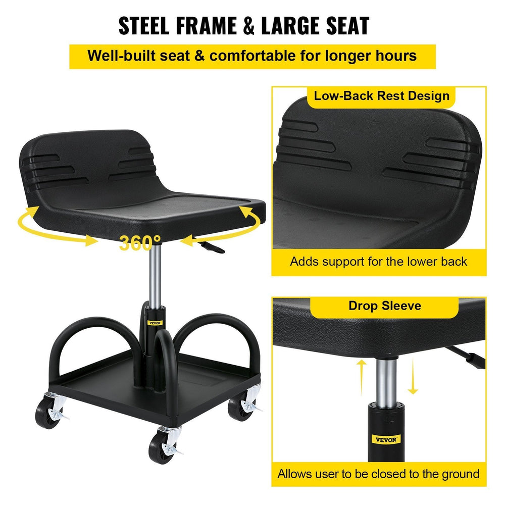 Rolling Garage Stool, 300LBS Capacity, Adjustable Height From 15.7 In To 20.5 In, Mechanic Seat With 360-degree Swivel Wheels And Tool Tray, For Workshop, Auto Repair Shop, Black EX-STOCK
