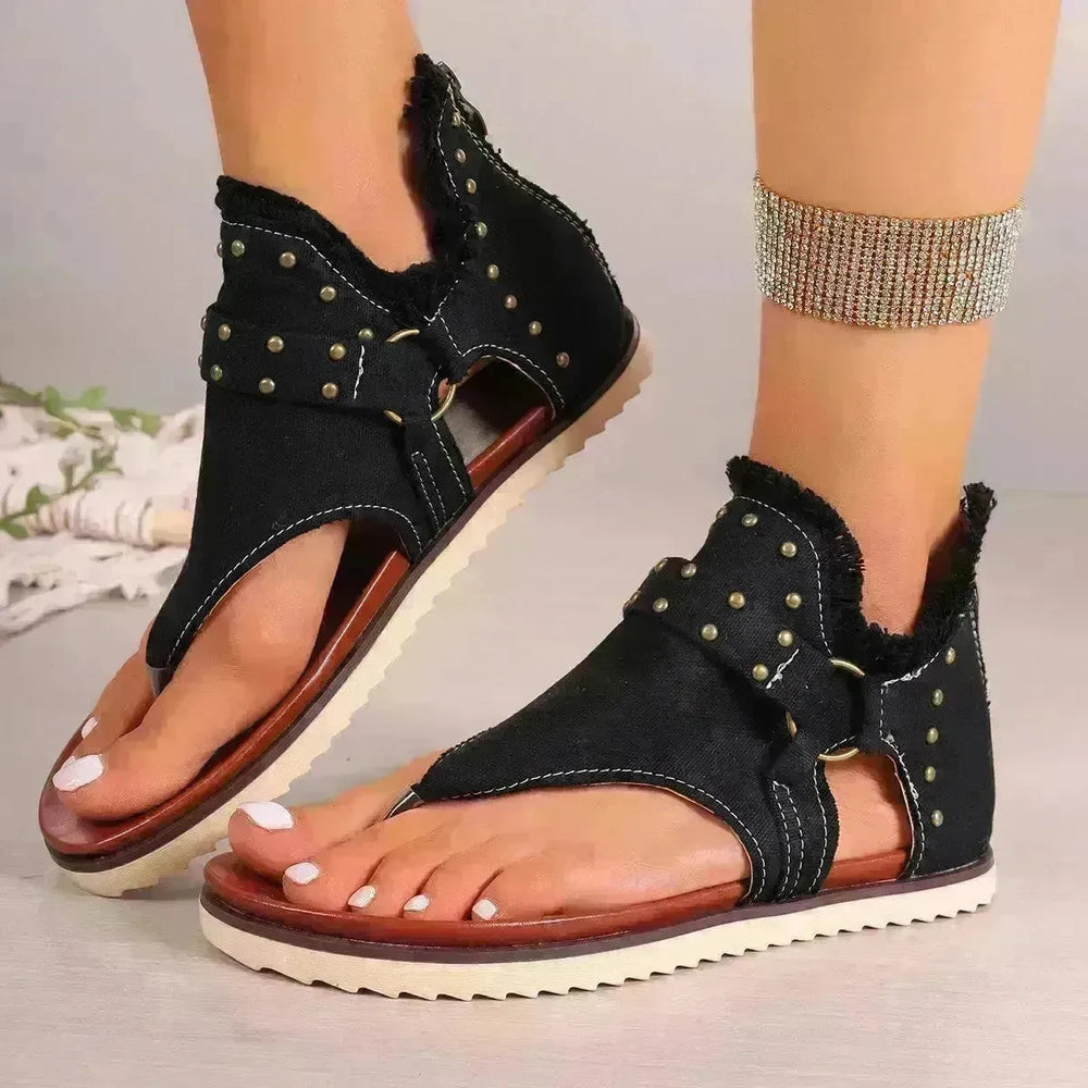 Denim Thong Sandals With Rear Zipper Summer Retro Beach Flat Sandals - EX-STOCK CANADA