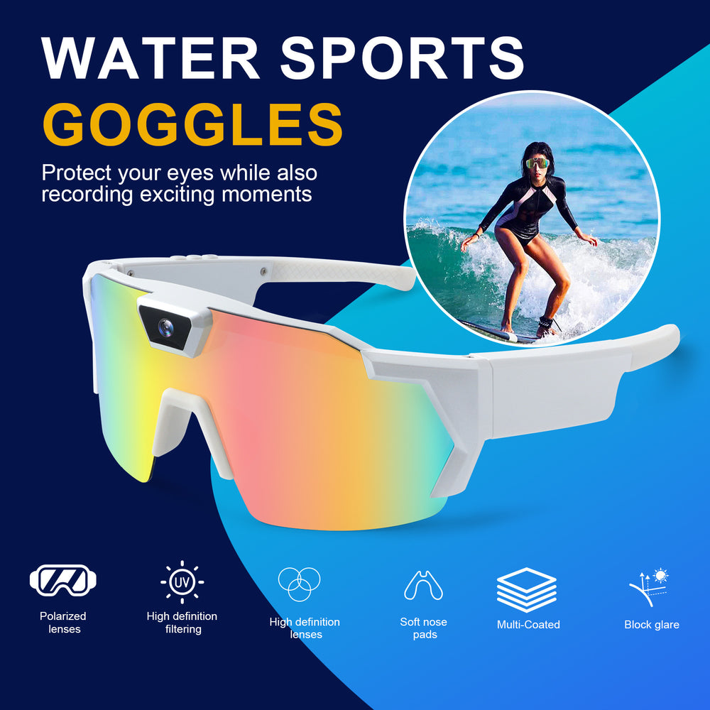 Water sports goggles with a woman surfing on a blue background