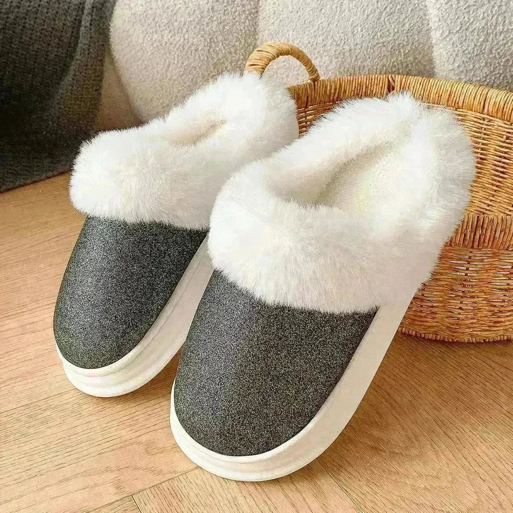 Fashion Frosted Sequined Plush Slippers Winter Warm Home Indoor Non-slip Bedroom Floor Fuzzy Slipper For Couple Women House Shoes - EX-STOCK CANADA