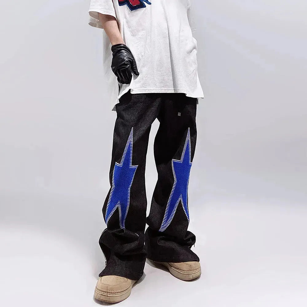 Five-pointed Star Embroidery Denim Horn Loose Straight Casual All-match Mop Jeans Baggy Trousers Men - EX-STOCK CANADA