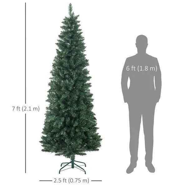 7ft Tall Pencil Artificial Christmas Tree With 687 Branch Tips With Steel Base, Green EX-STOCK Canada 
