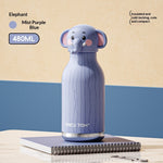 Elephant-shaped water bottle with purple color on a beige and blue background