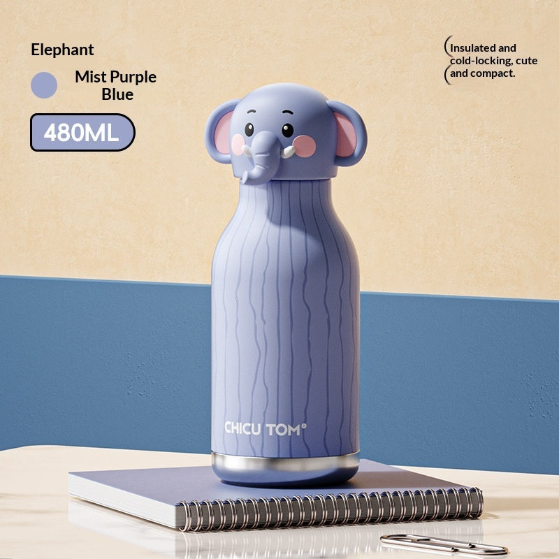 Elephant-shaped water bottle with purple color on a beige and blue background