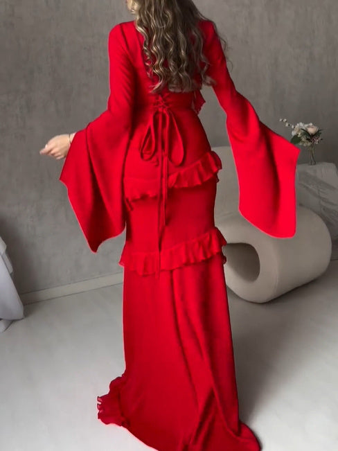 Women's V-neck Bell-Sleeve Ruffled Maxi Dress – Elegant Tiered Ruffle Formal Gown | Red | Sizes XS–XL 2