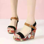 Fashion Flowers Embroidered High Wedge Sandals For Women Summer Toe Platform Buckle Shoes - EX-STOCK CANADA