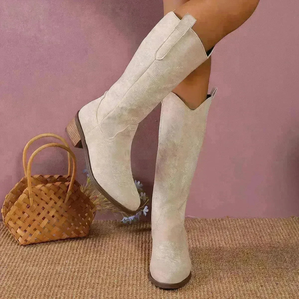 Women's Retro Pointed Toe Chunky Heel Solid Color Side Zipper Mid-calf Cowboy Boot - EX-STOCK CANADA