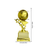 A gold soccer trophy with a ball on star-shaped legs and a rectangular base, shown with dimension lines and measurements: 19cm/7.48in total height, 7cm/2.