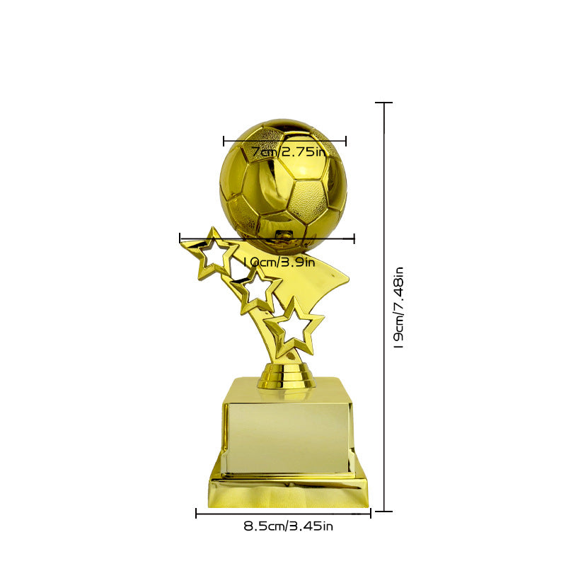 A gold soccer trophy with a ball on star-shaped legs and a rectangular base, shown with dimension lines and measurements: 19cm/7.48in total height, 7cm/2.
