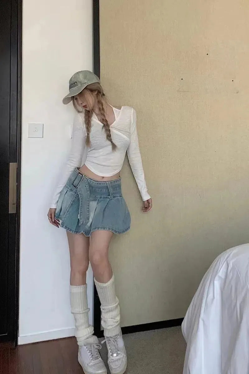High Waist Slimming Denim Pleated Mini Skirt - EX-STOCK CANADA