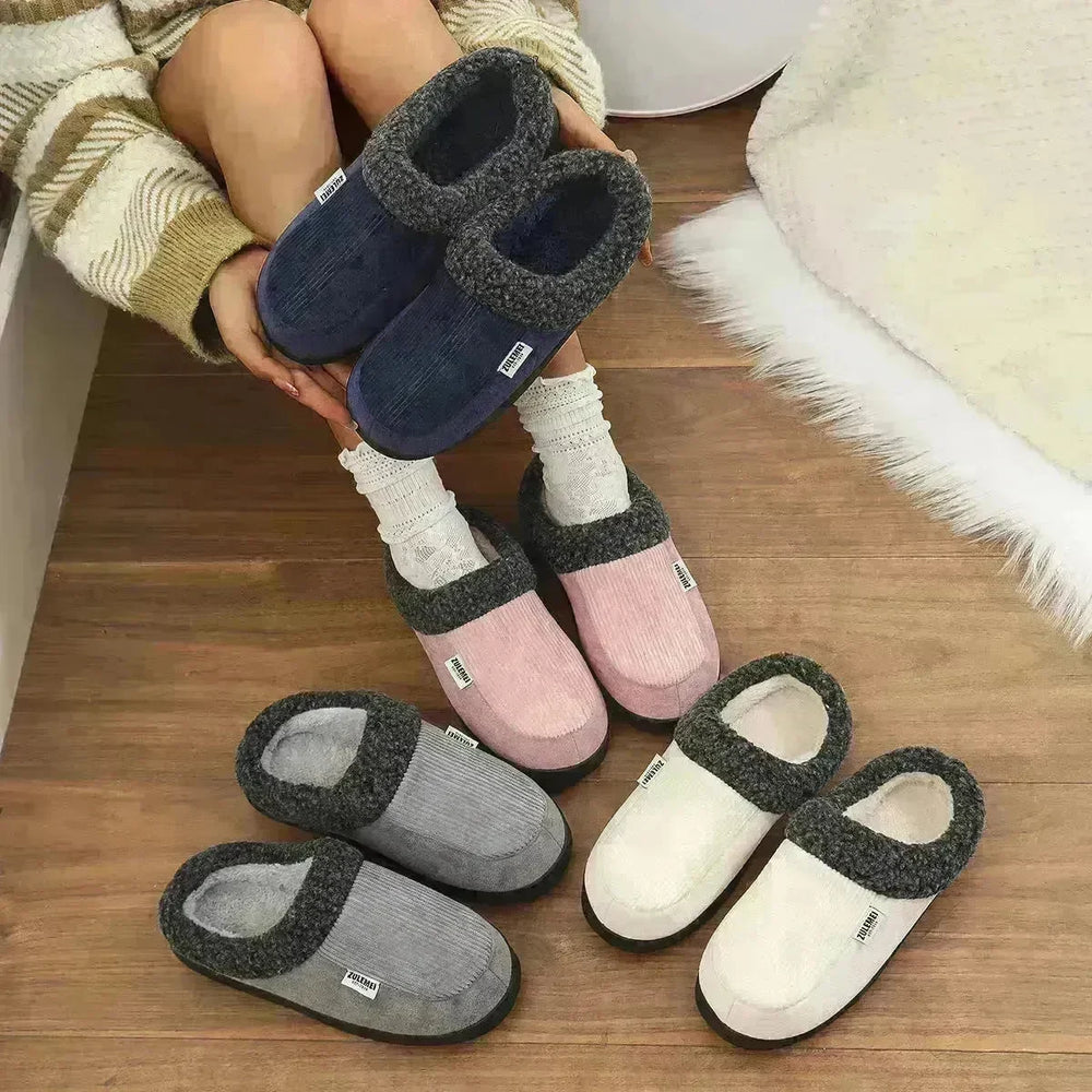 Fashion Solid Striped Cotton Slippers Winter Warm Indoor Bedroom Floor Slipper For Couples Non-slip Thick Sole House Shoes - EX-STOCK CANADA