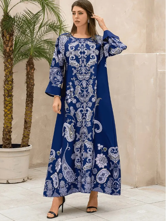 Elegant Floral Print Long Sleeve Abaya Dress - EX-STOCK Canada