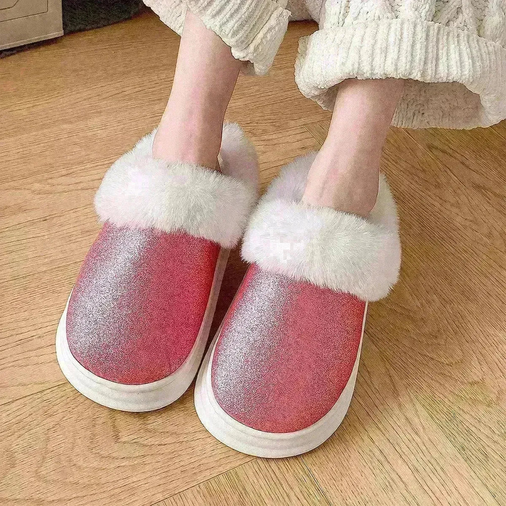 Fashion Frosted Sequined Plush Slippers Winter Warm Home Indoor Non-slip Bedroom Floor Fuzzy Slipper For Couple Women House Shoes - EX-STOCK CANADA