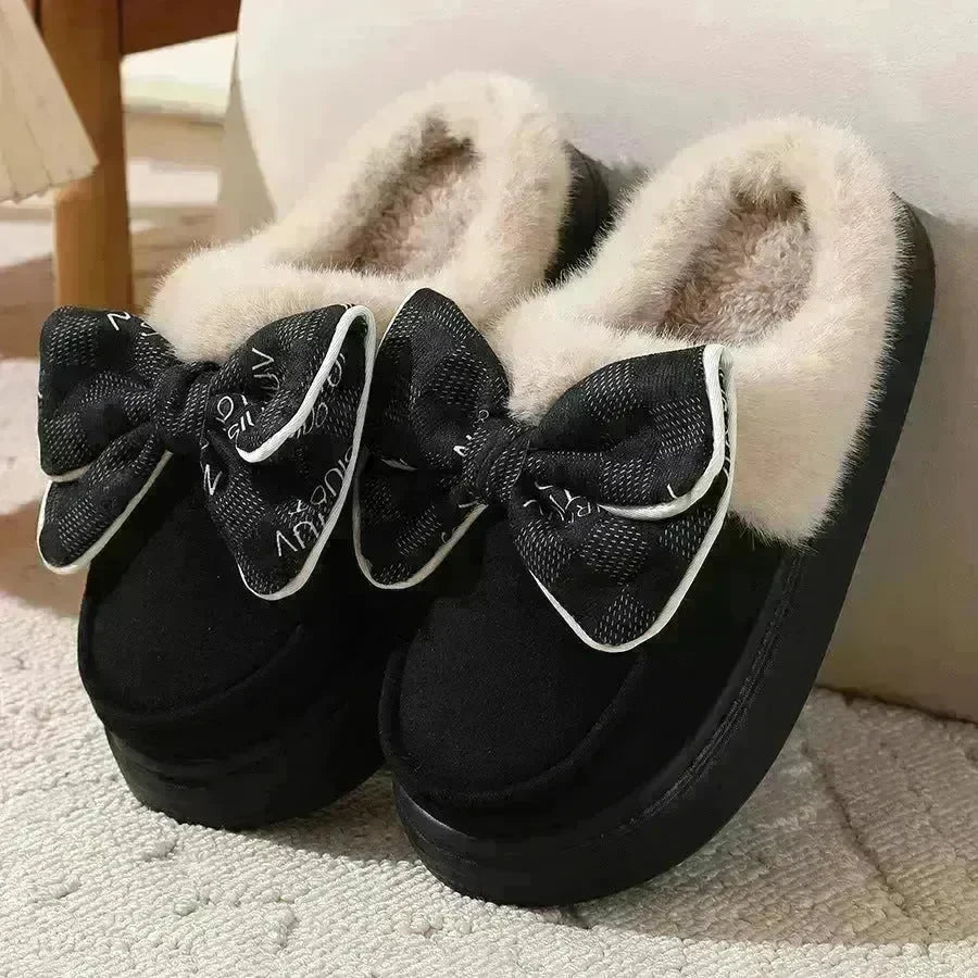 Cute Bowknot Plush Slipper Winter Warm Indoor Floor Bedroom Home Slippers For Women Fashion Thick-soled Solid House Shoes - EX-STOCK CANADA