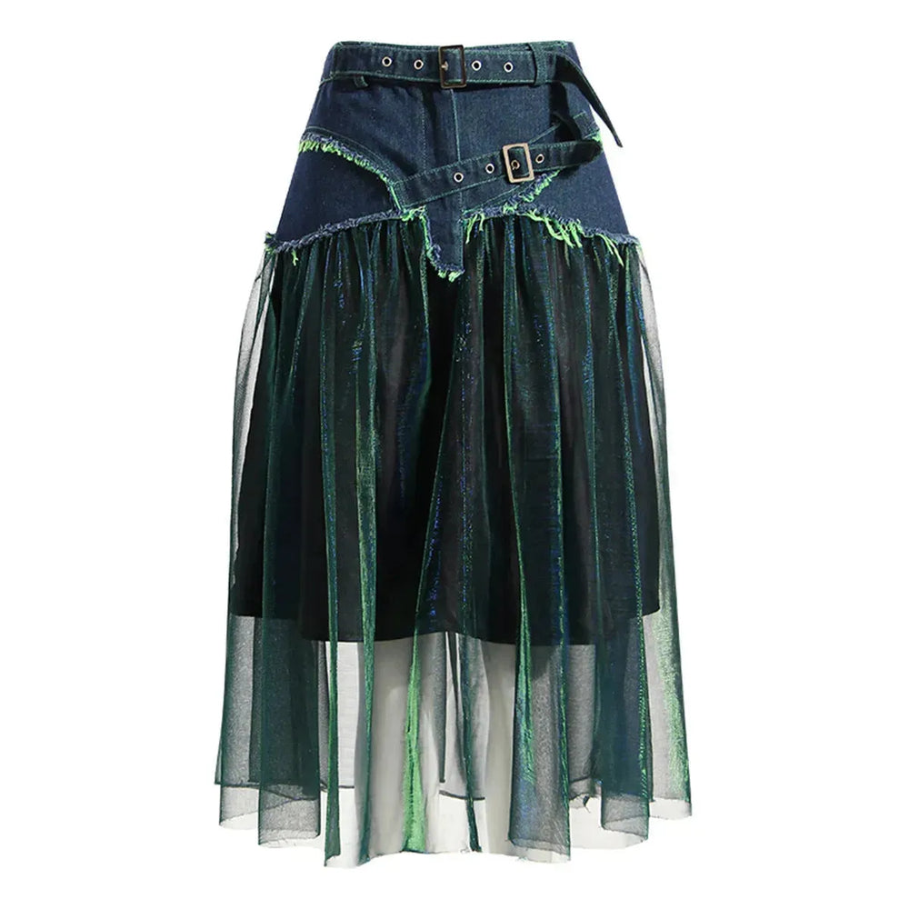 Street Fashion High Waist A-line Denim Mesh Midi Skirt - EX-STOCK CANADA