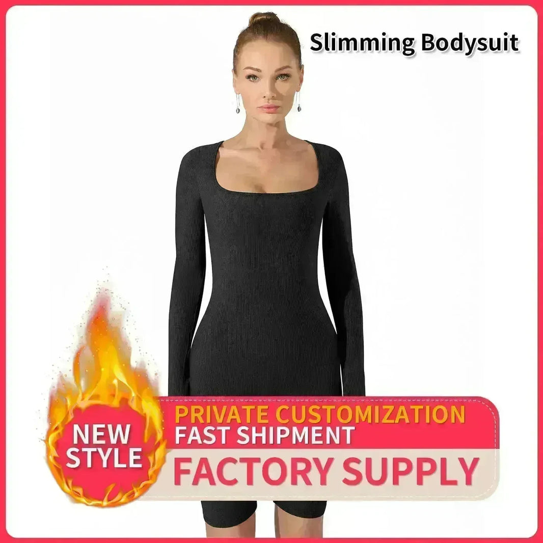 Women's Fashion Plain Long Sleeve Slim short Bodysuit Jumpsuit - EX-STOCK CANADA