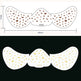 Two mustache-shaped designs with butterfly patterns, one in brown and one in gold, on a white background.