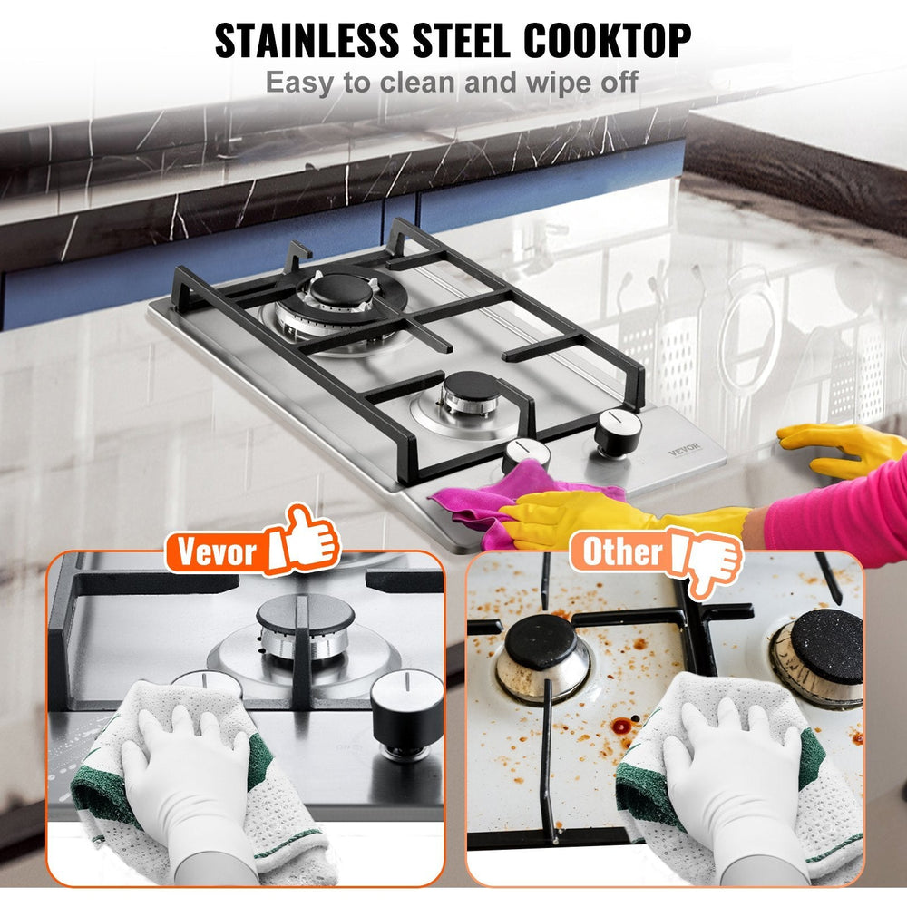 Gas Cooktop 12 Inch, Max 12250BTU 2 Burners Built-in Stainless Steel Gas Stove Top, LPG NG Convertible Dual Fuel Natural Gas Hob With Thermocouple Protection EX-STOCK