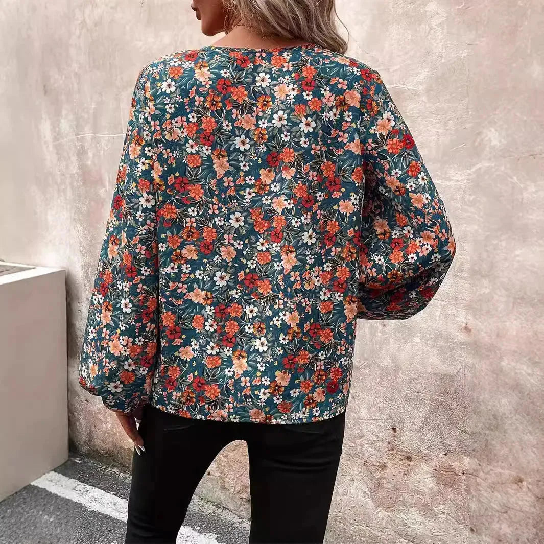 Women's V-neck Lantern Long Sleeve Shirt Autumn casual blouse top