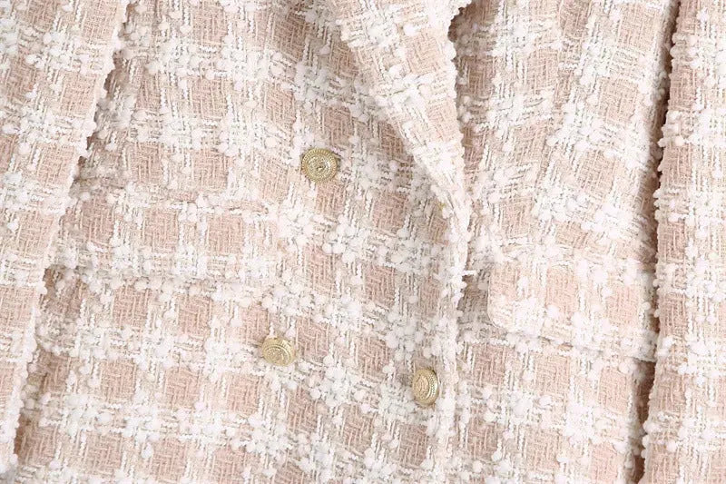 Elegant Luxury Lapel Long Sleeved Double Breasted Check tweed Blazer Women - EX-STOCK CANADA