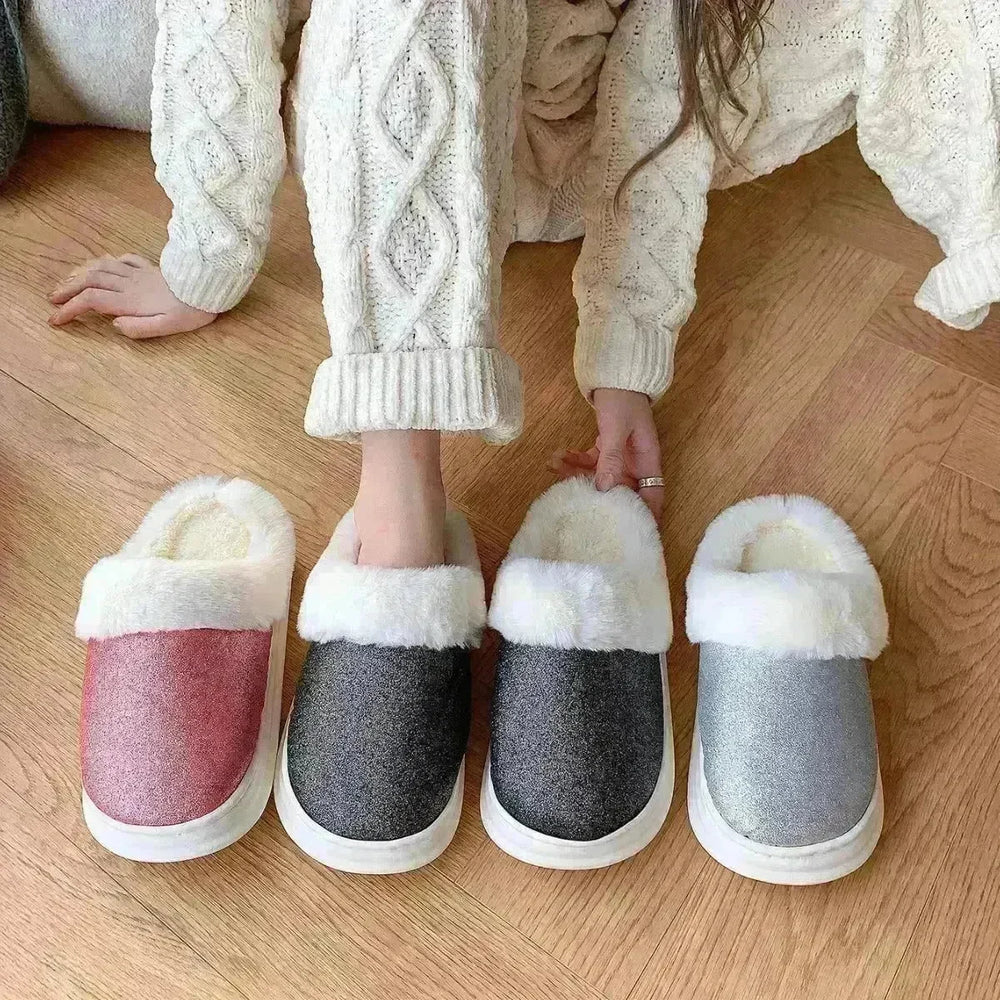 Fashion Frosted Sequined Plush Slippers Winter Warm Home Indoor Non-slip Bedroom Floor Fuzzy Slipper For Couple Women House Shoes - EX-STOCK CANADA