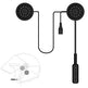 Black motorcycle helmet sound system with two round speaker covers, a connecting cable, a USB charging connector, and a handheld controller, shown on a white background with a small line drawing of the helmet.