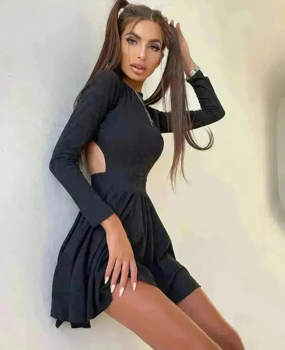 Y2K Long-sleeved Party Club Dress Solid Color Round Neck A-line Mini Skater Dress - EX-STOCK CANADA