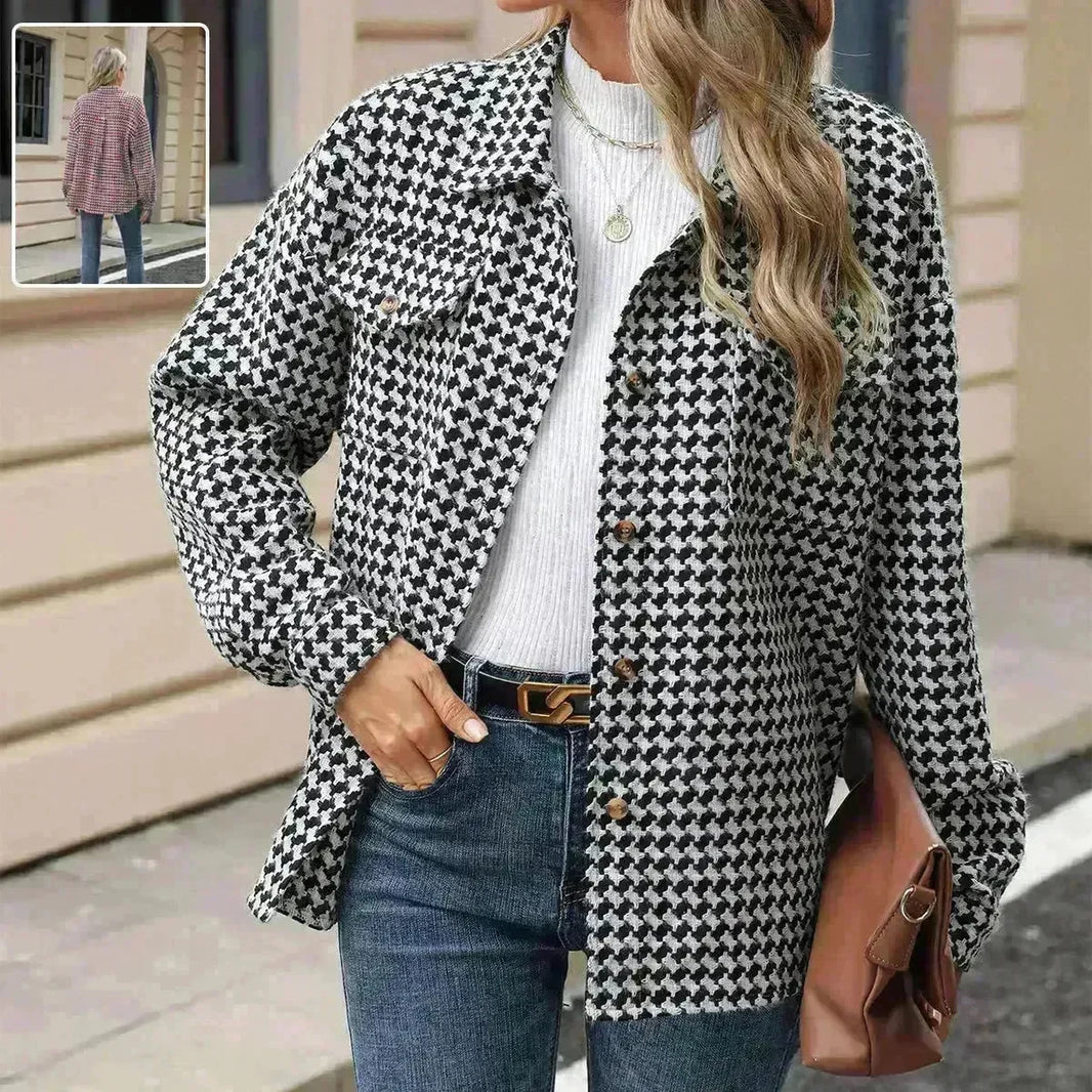Casual Houndstooth Lapel Tweed Button long sleeve shirt tops for women - EX-STOCK CANADA
