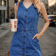 Women’s Fashion Trend Sleeveless Dress, V-neck Design - Button Detail Frayed Hem Denim Skirt 