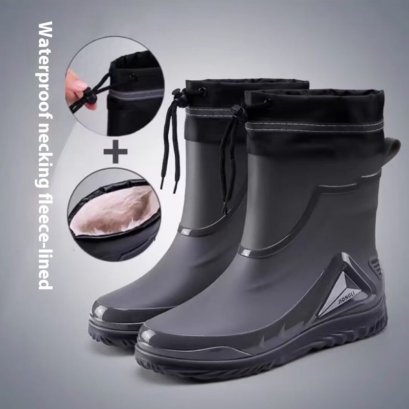Gray rain boots with waterproof necking fleece lining on a gray background