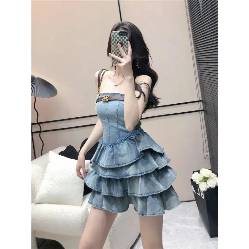 Women's sleeveless tube Denim High Waist Slimming Jeans layered flared mini Dress - EX-STOCK CANADA