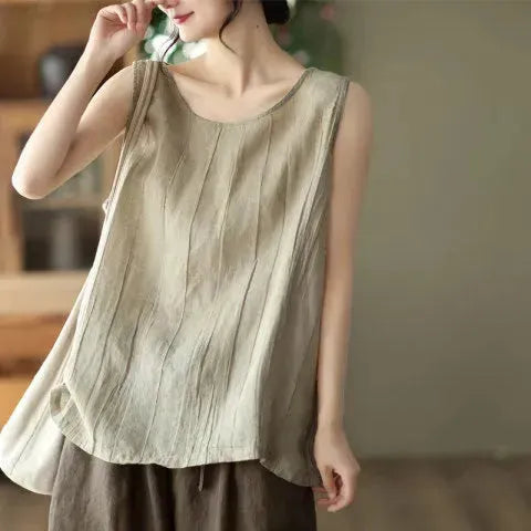 Casual Cotton And Linen Art Solid Color Loose-fitting Versatile summer blouse Top  For Women - EX-STOCK CANADA