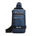 Blue sling bag with visible brand logos on a white background