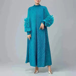 Middle East Plate Flower Loose Plus Size Pleated Extended Dress Oganza Long Sleeve Maxi Dress for Occasional events