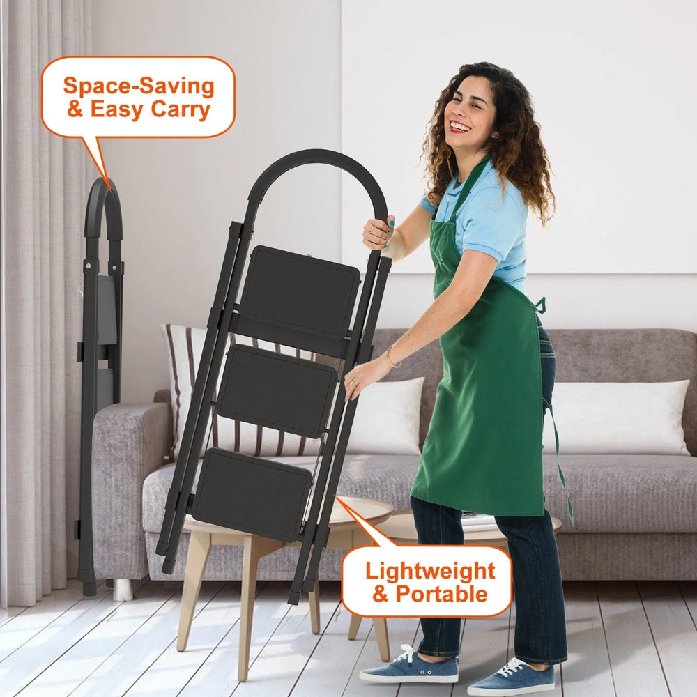 3-Step Folding Ladder, 330lbs Load Capacity, Lightweight 6.94lbs With 1.57in Folding Width, Heavy Duty Steel Construction, Non-Slip Pedals & Feet, Safety Lock, Multi-Use For Home Kitchen Living Room EX-STOCK